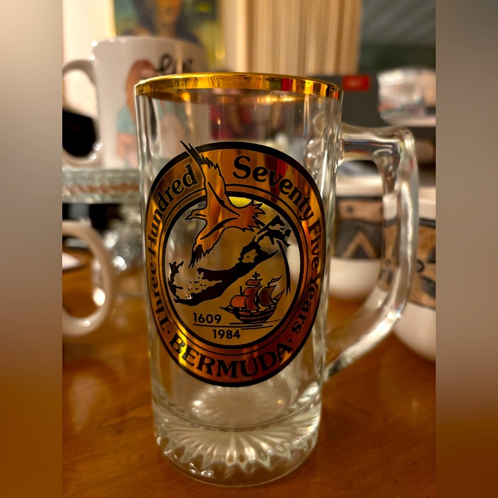 Vintage Bermuda 375th Anniversary Glass Beer Stein – 22K Gold Design (c. 1984)